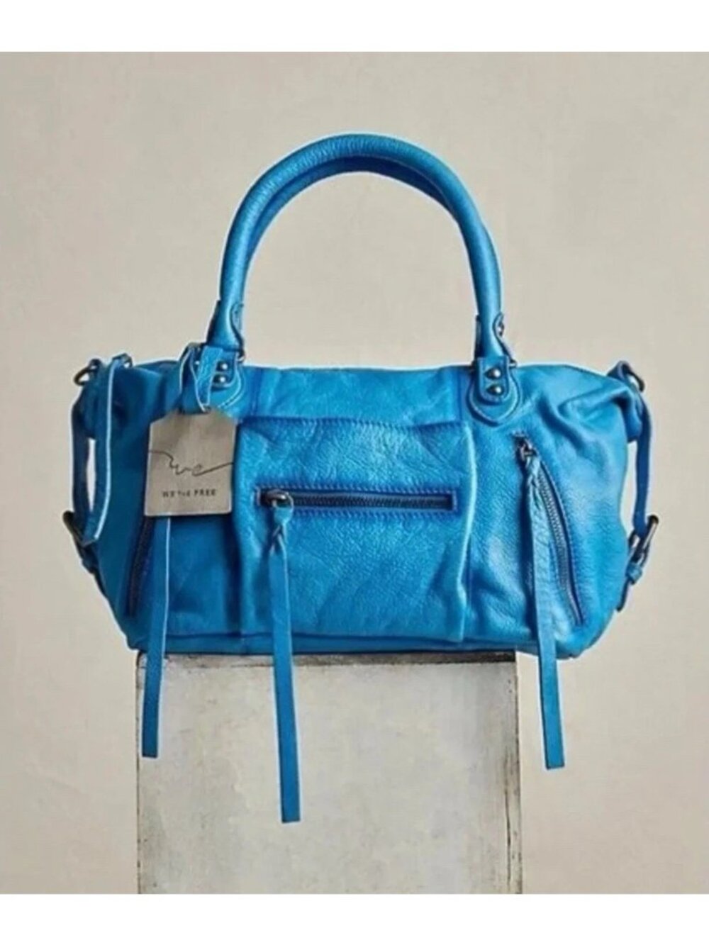 Free People Baby Emerson Santorini Blue Leather Satchel Tote Crossbody Bag NWT
